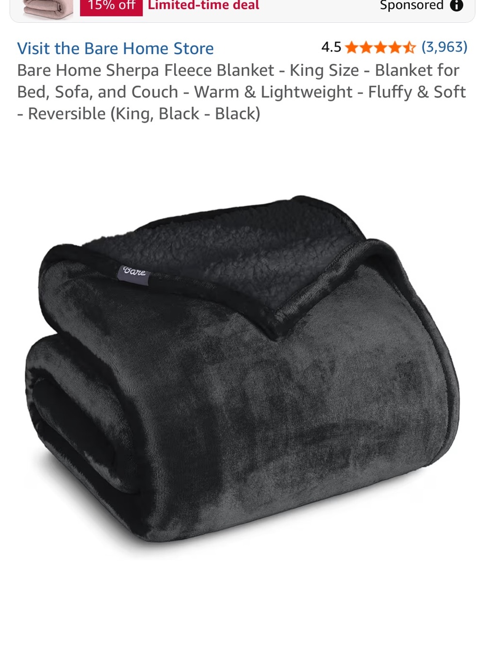 NIB Black Plush Sherpa Blanket - Reversible Cozy